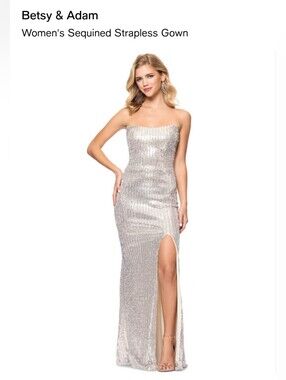 Betsy & Adam Silver Strapless Sequin Gown with Side Slit